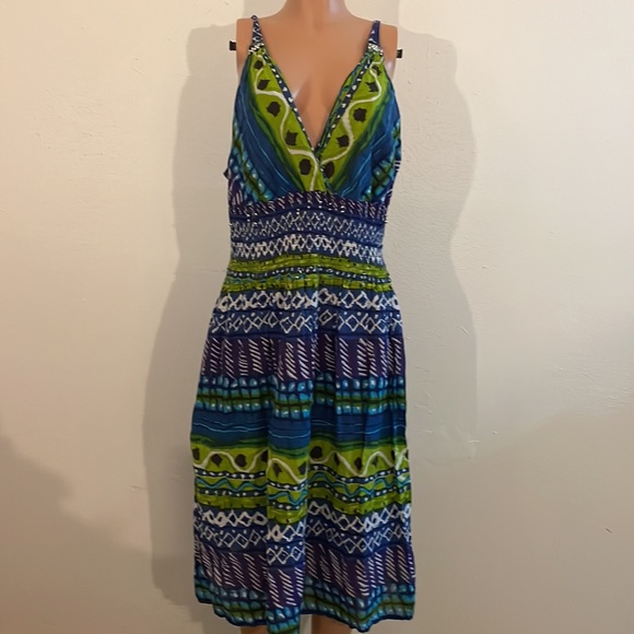 Casse’s Maxi Dress with Smocked front and back and V Neck Front Embellishments - Picture 3 of 17